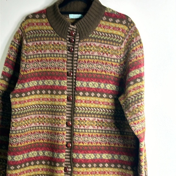 ORVIS wool long sweater cardigan  button front size L olive green red Nordic - Picture 4 of 11